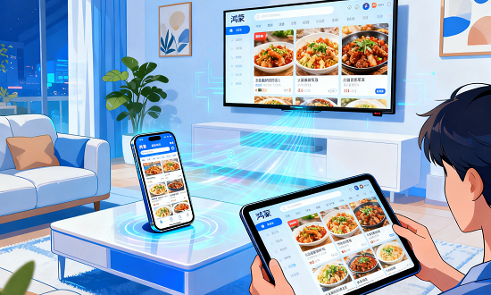 体现多端协同与场景化体验的动漫风格图片，以增强餐饮服务连贯性