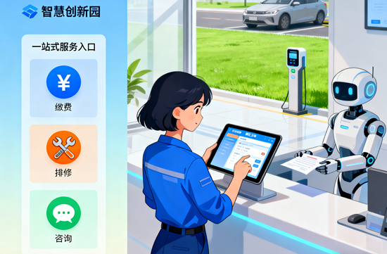 呈现智慧园区的园区服务平台，展现一站式体验与高效运营的场景