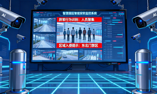 呈现智慧园区智能安防监控场景，突出AI赋能与主动预警功能